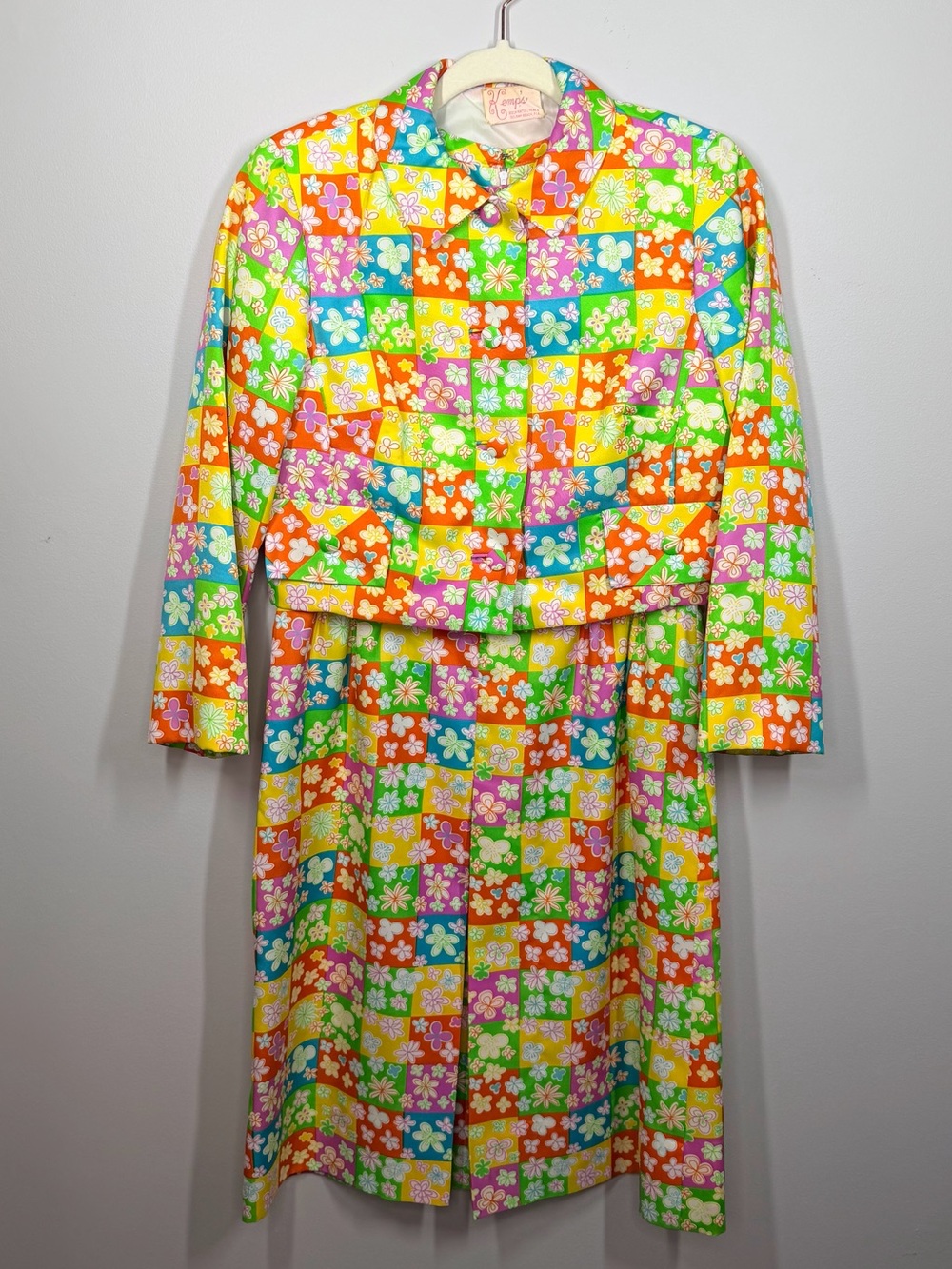VTG 60s 70s Psychedelic Patchwork Floral Dress & Jacket Set Flower Power Small